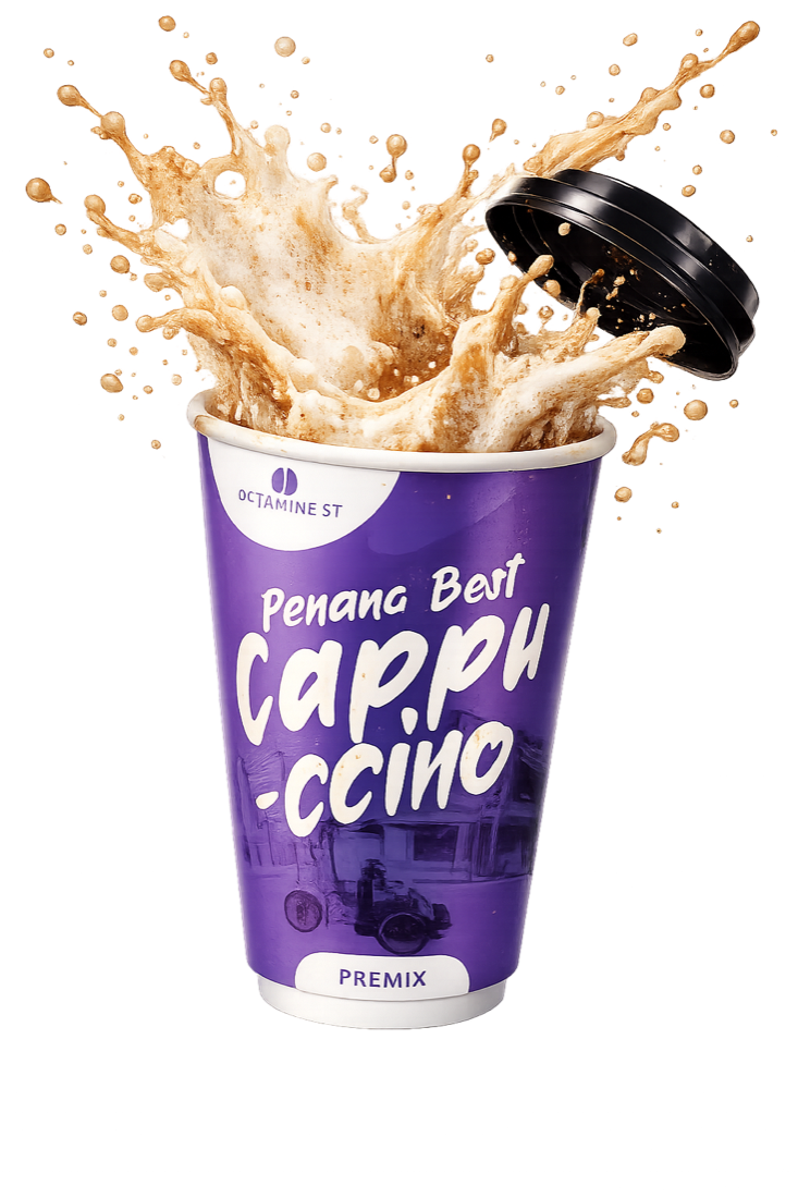 Penang Best Cappuccino cup with a dynamic coffee splash