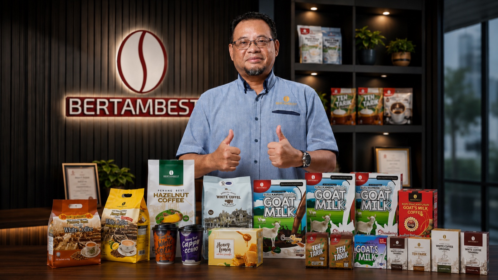 BERTAMBEST founder Mohd Zaki Hj Zakaria at the BERTAMBEST office with the full product range